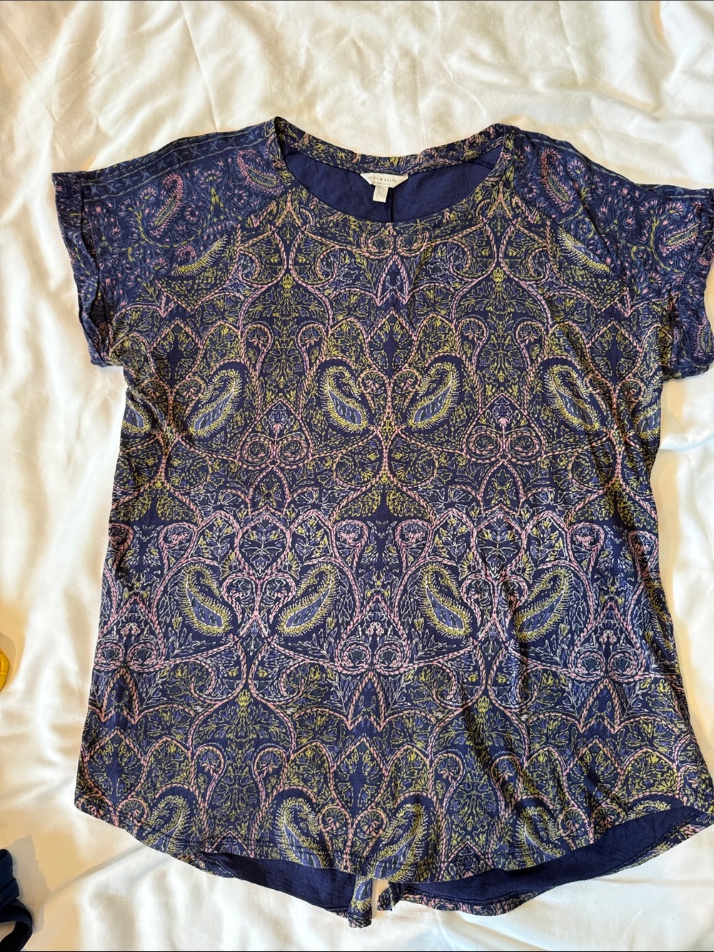 Lucky Brand Boho Navy Paisley Short Sleeve Tee with Pink & Green Accents